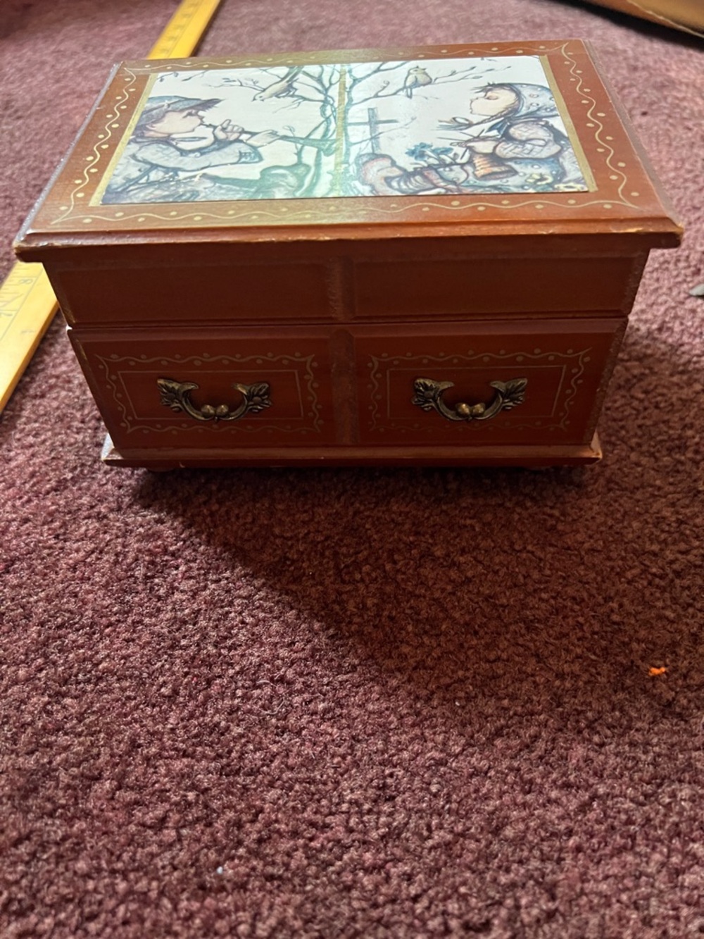 Vintage Painted Wooden Linden 1970 Jewelry Box with Illustrated Lid